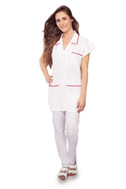 Enyhén karcsúsított fehér női köpeny 603- piros paszpóllal