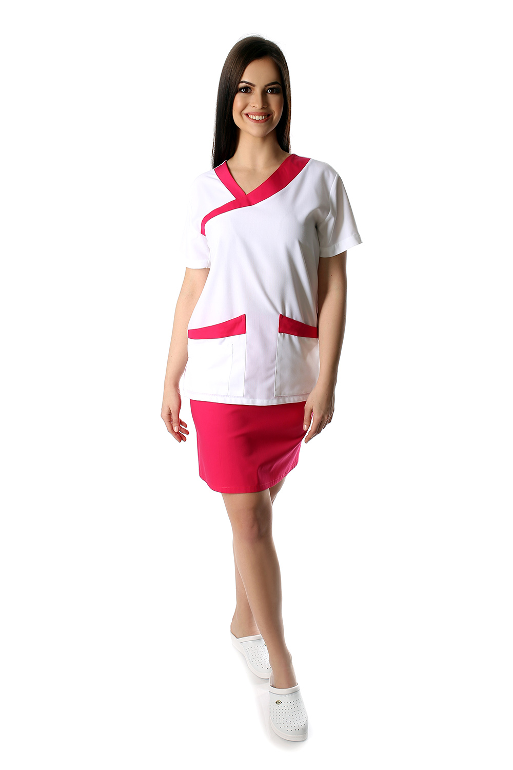 Női bebújós munkaköpeny 801- modern V-nyakkivágással és dupla zsebbel