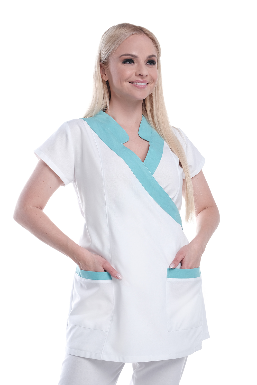 Karcsúsított női átlapolós köpeny 605 - hátul megkötős, választható díszítőszínnel